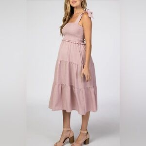 Pinkblush Mauve Bow Strap Tiered Maternity Midi Dress Medium